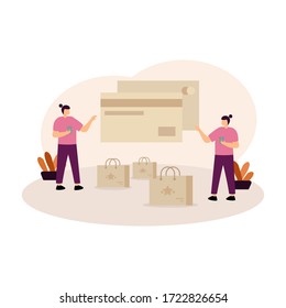 e-commerce concept. men and women are making online payments by credit card. vector illustration of flat style.