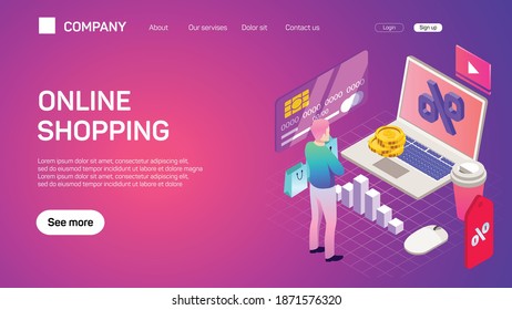E-commerce concept minimal design. Online shopping. Web site template. Internet UX UI design interface