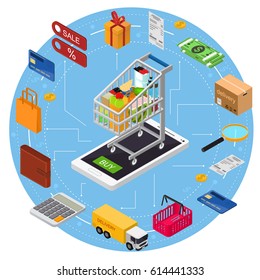 E-commerce Concept with Mobile Phone Shopping Technology Service Isometric View. Vector illustration