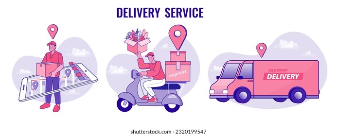 Ecommerce concept. Online shop shipping service. People tracking their order in mobile delivery service. Fast delivery by scooter via mobile phone. Order from the phone by van. Vector illustration.