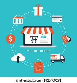 e-commerce concept. Online shopping and delivery banners. vector illustration in flat style modern design. isolated on blue background. payment on computer