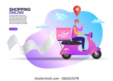 Ecommerce concept. Online shopping. Online delivery service concept. Fast delivery by scooter. Man riding scooter. Vector illustration.
