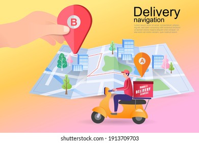 Ecommerce concept. Online shopping. Online delivery service concept. Fast delivery by scooter via mobile phone. Man riding motorcycle. Vector illustration.