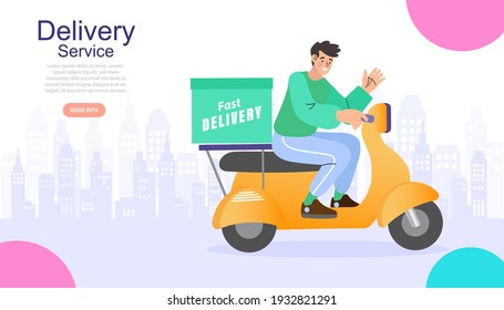 Ecommerce concept. Online shopping. Online delivery service concept. Fast delivery by scooter via mobile phone. Man riding scooter. Vector illustration.