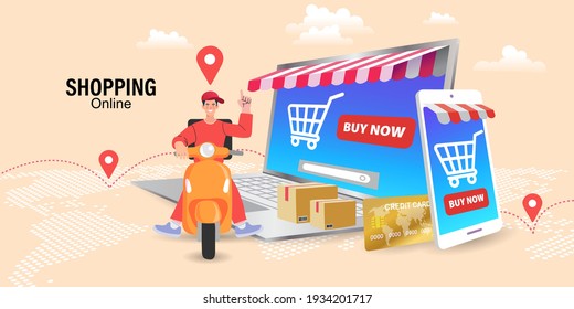 Ecommerce concept. Online shopping. Online delivery service concept. Fast delivery by scooter via mobile phone. Man riding scooter. Vector illustration.