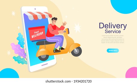 Ecommerce concept. Online shopping. Online delivery service concept. Fast delivery by scooter via mobile phone. Man riding scooter. Vector illustration.