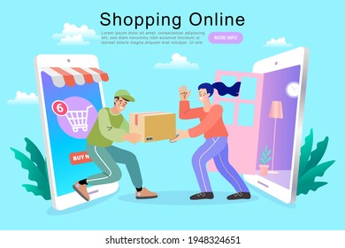 Ecommerce concept. Online shopping. Online delivery service concept. Fast delivery by scooter via mobile phone. Man riding scooter. Vector illustration.