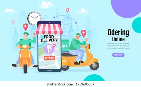 Ecommerce concept. Online shopping. Online delivery service concept. Fast delivery by scooter via mobile phone. Smartphone marketing and e-commerce. Vector illustration.