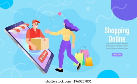 Ecommerce concept. Online shopping. Online delivery service concept. Fast delivery via mobile phone. Man riding scooter. Vector illustration.