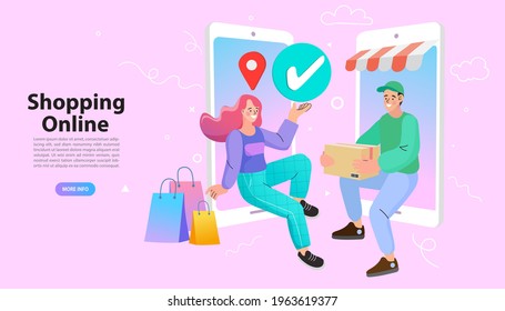 Ecommerce concept. Online shopping. delivery service concept. Fast delivery via mobile phone. Smartphone marketing and e-commerce. Vector illustration.