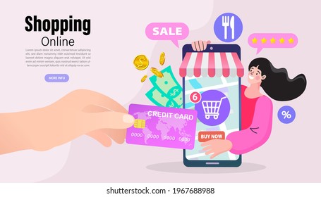 Ecommerce concept. Online shopping. Online delivery service concept. Fast delivery via mobile phone. Smartphone marketing and e-commerce. Vector illustration.