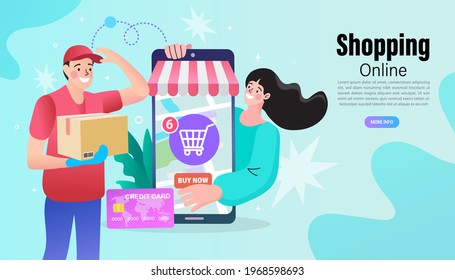 Ecommerce concept. Online shopping. Online delivery service concept. Fast delivery by scooter via mobile phone. Man riding scooter. Vector illustration.