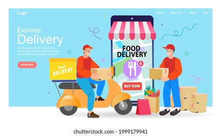 Ecommerce concept. Online shopping. Online delivery service concept. Fast delivery by scooter via mobile phone. Man riding scooter. Vector illustration.