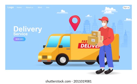 Ecommerce concept. Online shopping. Online delivery service concept. Fast delivery by van. digital marketing. Internet e-commerce. Vector illustration.
