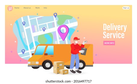 Ecommerce concept. Online shopping. Delivery service concept. Fast delivery by van. digital marketing. Internet e-commerce. Vector illustration. 