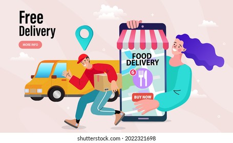 Ecommerce concept. Online shopping. Online delivery service concept. Fast delivery by van via mobile phone. Truck shipping. GPS tracking location. Vector illustration.