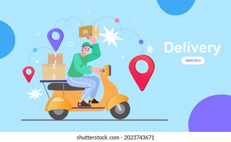 Ecommerce concept. Online shopping. Online delivery service concept. Fast delivery by scooter via mobile phone. Man riding scooter. Vector illustration.