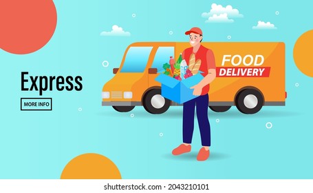 Ecommerce concept. Online shopping. Online delivery service concept. Fast delivery by van. digital marketing. Internet e-commerce. order tracking. Grocery order from smart phone. Vector illustration.