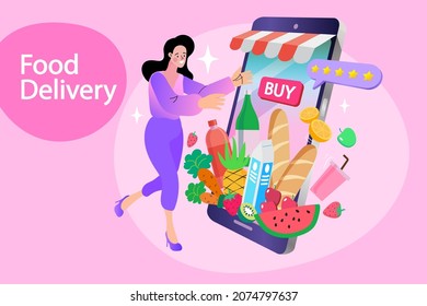 Ecommerce concept. Online shopping. Online delivery service concept. Fast delivery via mobile phone. Fresh Groceries Food Delivery. Smartphone marketing and e-commerce concept. Vector illustration. 