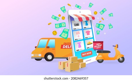 Ecommerce concept. Online shopping. Online delivery service concept. Fast delivery by scooter via mobile phone. Order from the phone by van. Vector illustration.
