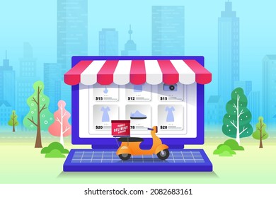Ecommerce concept. Online shopping. Online delivery service concept. Fast delivery by scooter via laptop. Man riding scooter. Vector illustration.