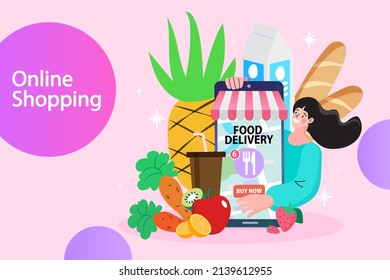 Ecommerce concept. Online shopping. Online delivery service concept. Fast delivery via mobile phone. Fresh Groceries Food Delivery. Smartphone marketing and e-commerce concept. Vector illustration.