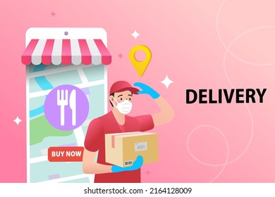 Ecommerce concept. Online shopping. Online delivery service concept. Fast delivery via mobile phone. GPS tracking location. Grocery order from smart phone. Vector illustration.
