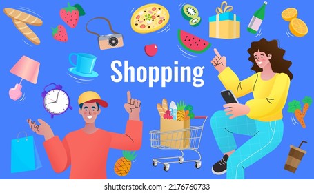 Ecommerce concept. Online shopping. Online delivery service concept. Fast delivery via mobile phone. Fresh Groceries Food Delivery. Smartphone marketing and e-commerce. Vector illustration.