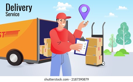 Ecommerce concept. Online shopping. Online delivery service concept. Fast delivery by van. digital marketing. Internet e-commerce. Vector illustration.