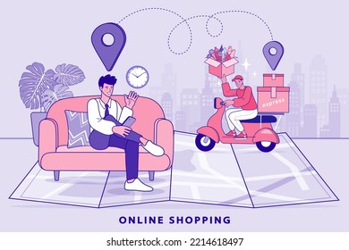 Ecommerce concept. Online shopping. Online delivery service concept. Fast delivery by scooter via mobile phone. Man riding scooter. Vector outline illustration.
