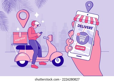 Concepto de comercio electrónico. Compras en línea. Concepto de servicio de entrega en línea. Entrega rápida por scooter a través del teléfono móvil. Hombre montando moto. marketing y comercio electrónico. Ilustración vectorial.