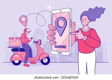 Ecommerce concept. Online shopping. Online delivery service concept. Fast delivery by scooter via mobile phone. Man riding scooter. Vector outline illustration.