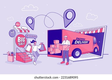 Ecommerce concept. Online shopping. Online delivery service concept. Fast delivery by van. digital marketing. Internet e-commerce. Vector illustration.