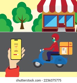Ecommerce concept. Online shopping. Online delivery service concept. Fast delivery by scooter via mobile phone. Man riding scooter. Vector illustration.