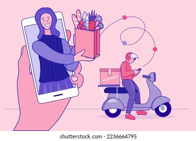 Concepto de comercio electrónico. Compras en línea. Concepto de servicio de entrega en línea. Entrega rápida por scooter a través del teléfono móvil. Hombre montando moto. marketing y comercio electrónico. Ilustración vectorial.