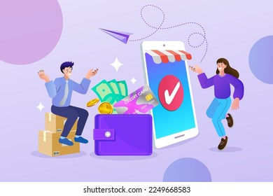Konzept des elektronischen Geschäftsverkehrs. Online-Shopping. Konzept des Online-Zustelldienstes. Schnelle Lieferung per Handy. Finanzielle Ersparnisse. Geldtransfer vom Geldbeutel zum Smartphone. Vektorgrafik.