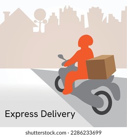 Ecommerce concept. Online shopping. Online delivery service concept. Fast delivery by scooter via mobile phone. Man riding scooter. Vector illustration.