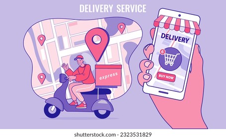 Ecommerce concept. Online shopping. Online delivery service concept. Fast delivery by scooter via mobile phone. Man riding motorcycle. Smartphone marketing and e-commerce.  Vector illustration.