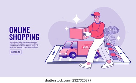 Ecommerce concept. Online shopping. Online delivery service concept. Fast delivery by van. digital marketing. Internet e-commerce. Vector illustration.