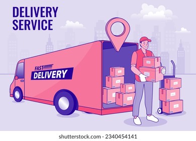 Ecommerce concept. Online shopping. Online delivery service concept. Fast delivery by van. digital marketing. Internet e-commerce. Vector outline illustration.