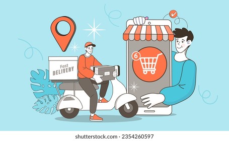 Concepto de comercio electrónico. Compras en línea. Concepto de servicio de entrega en línea. Entrega rápida por scooter a través del teléfono móvil. Hombre en moto. Ilustración vectorial.