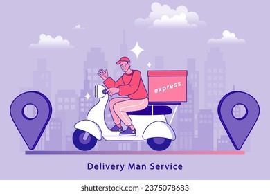 Concepto de comercio electrónico. Compras en línea. Concepto de servicio de entrega en línea. Entrega rápida por scooter a través del teléfono móvil. Hombre en moto. Compras en las redes sociales. Ilustración vectorial.