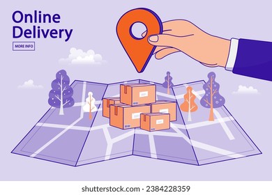 Ecommerce concept. Online shopping. Online delivery service concept. parcel and location map pin. Fast delivery via mobile phone. Vector outline illustration.