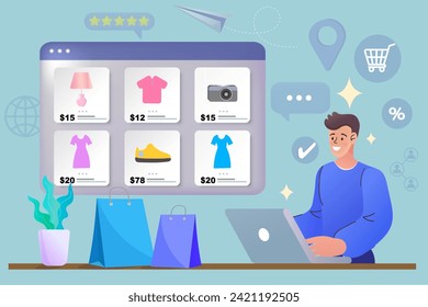 Ecommerce concept. Online shopping. Online delivery service concept. Fast delivery via laptop. buying and selling, for web page. Sale poster. computer marketing and e-commerce. Vector illustration.