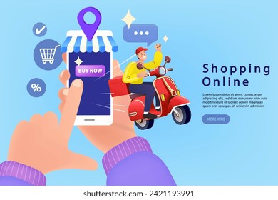 Ecommerce concept. Online shopping. Online delivery service concept. Fast delivery by scooter via mobile phone. Man riding scooter. digital marketing and e-commerce. Vector flat illustration.