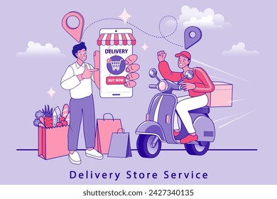 Ecommerce concept. Online shopping. Online delivery service concept. Fast delivery by scooter via mobile phone. Man riding scooter. Smartphone marketing and e-commerce. Vector outline illustration.