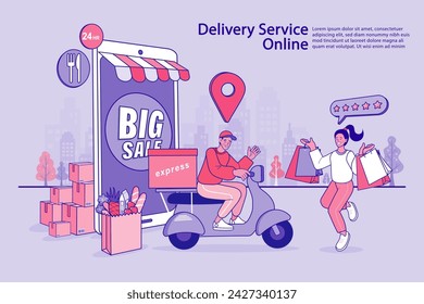 Ecommerce concept. Online shopping. Online delivery service concept. Fast delivery by scooter via mobile phone. Man riding scooter. Smartphone marketing and e-commerce. Vector outline illustration.