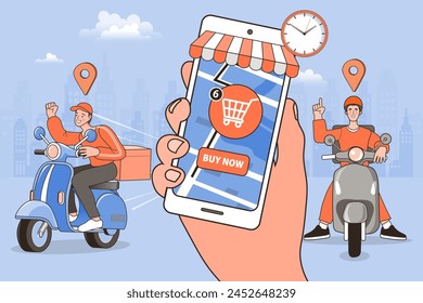 Concepto de comercio electrónico. Compras en línea. Concepto de servicio de entrega en línea. Entrega rápida por scooter a través del teléfono móvil. Hombre en motocicleta. Marketing de smartphones y comercio electrónico. Ilustración vectorial.