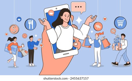 Ecommerce concept. Online shopping. Online delivery service concept. Fast delivery via mobile phone. Man riding motorcycle. Shopping on social networks. Vector illustration.