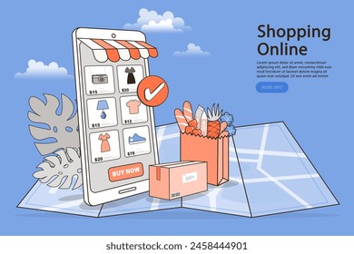 Ecommerce concept. Online shopping. Online delivery service concept. Fast delivery via mobile phone. Shopping on social networks. Folded map and location pin. restaurant is here. Vector illustration.